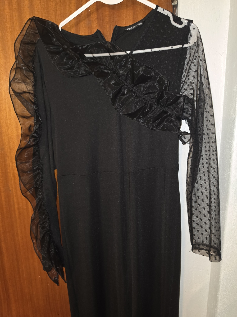 SHEIN Black One-Shoulder Ruffle Polka-Dot Mesh Jumpsuit